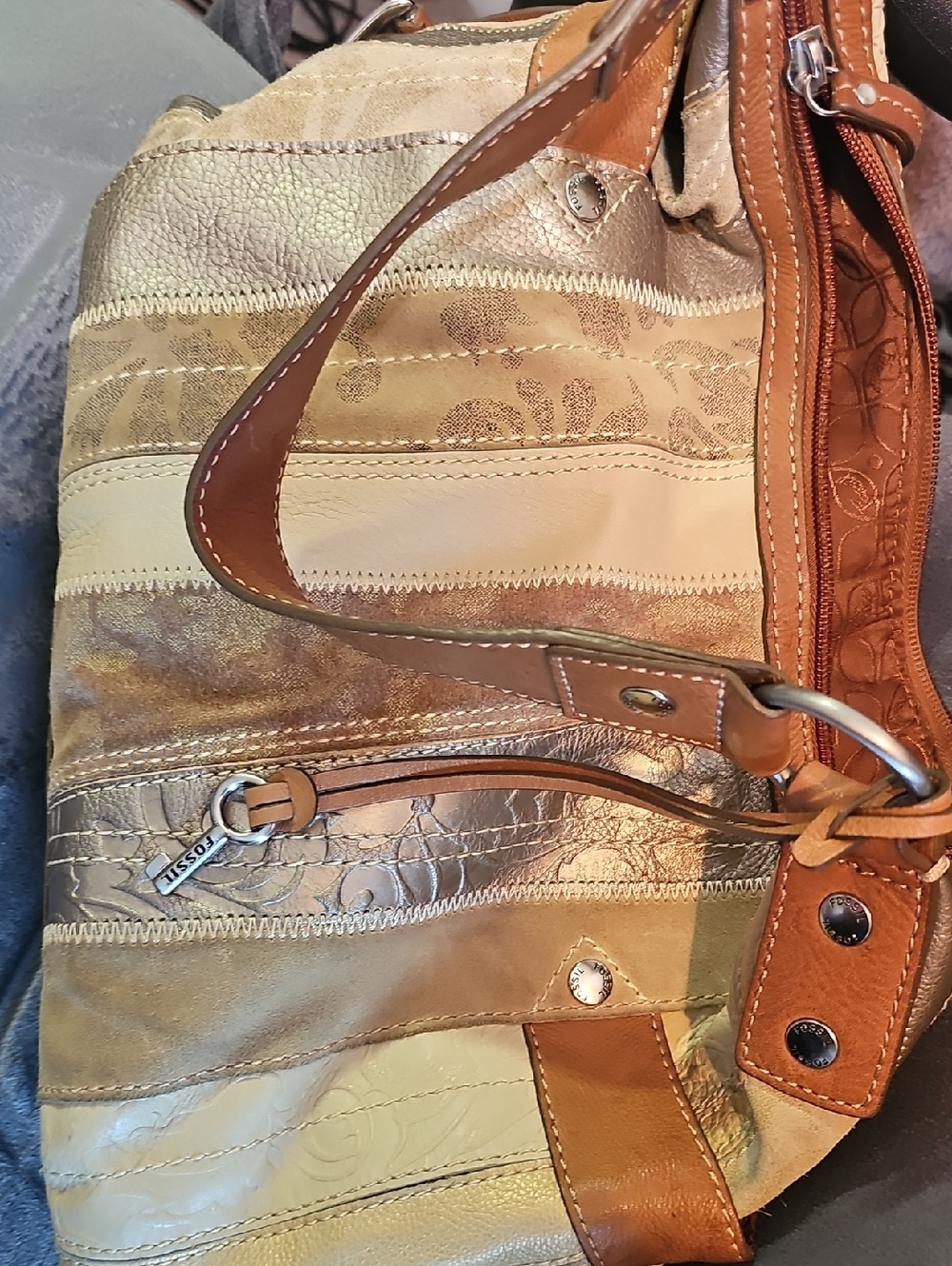 Fossil Brown and Tan Leather Patchwork Handbag
